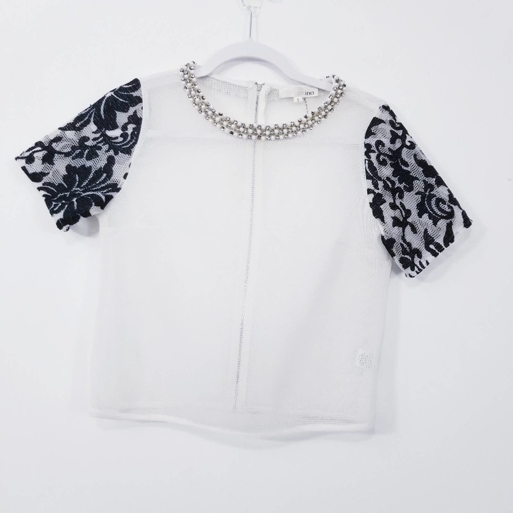 Bin 1C aniina Mesh Faux Pearls Rhinestones Sheer Boxy Top